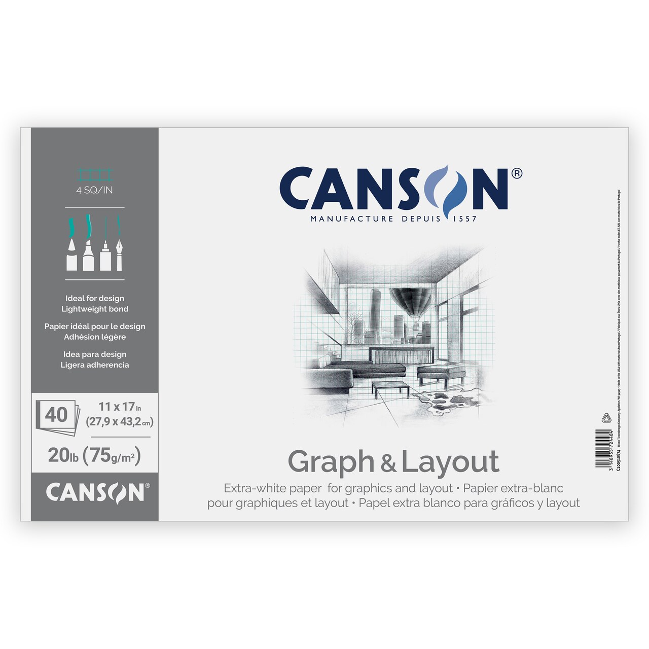 Canson Artist Series Graph And Layout Pad 4/4 Grid 11"X17"-Fold Over, 40 Sheets